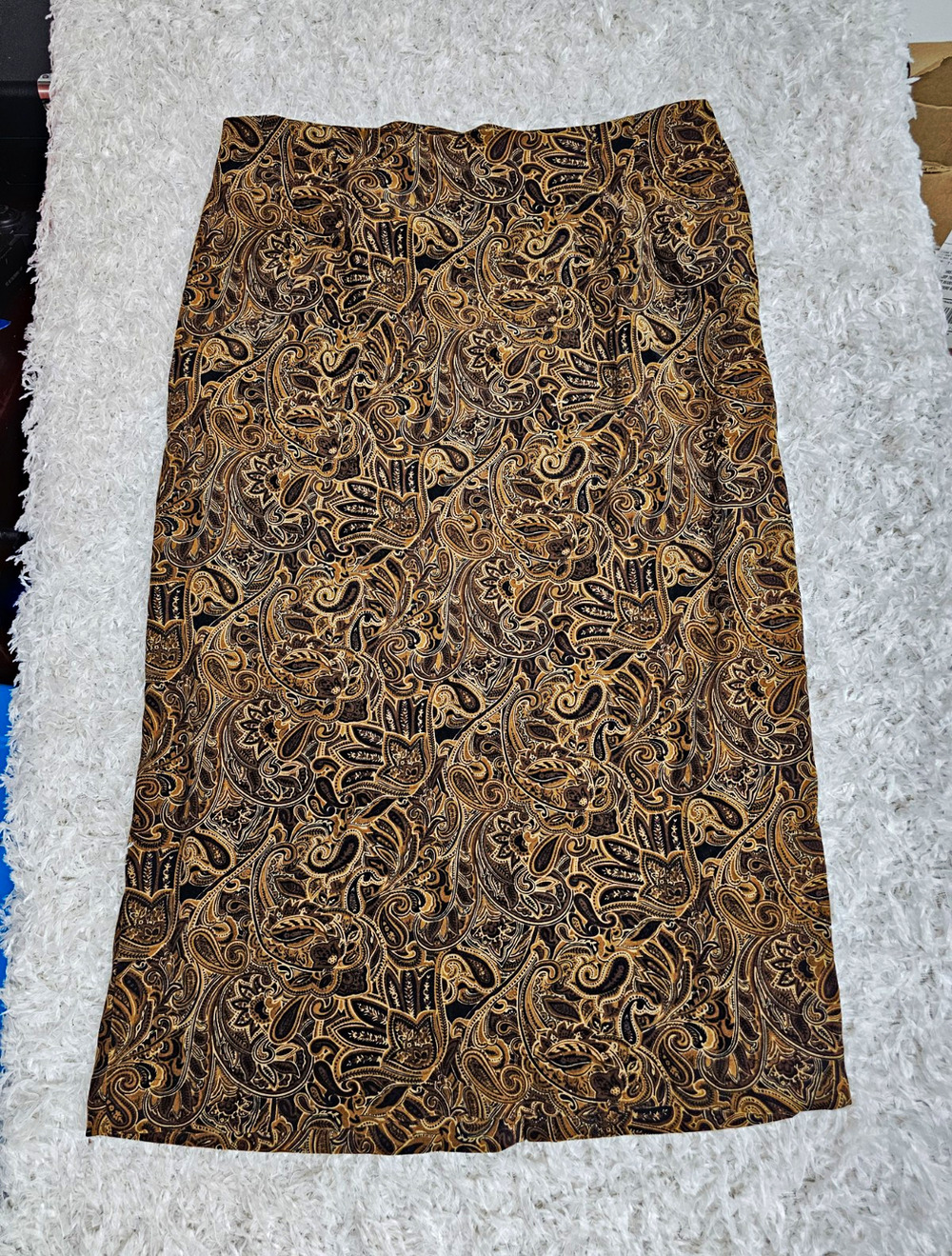 Vintage 90s Paisley Midi Skirt 16W Brown Gold Back Vent Slit Whimsigoth Goth Low